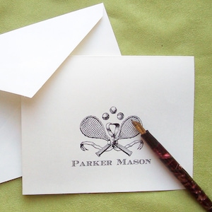 Personalized Notecards Tennis Racket, Monogrammed Tennis Stationery, Set 10, Note Cards Sports, Balls Hostess Gift Men Women Racquet Notes