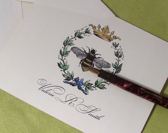 Personalized Notecards, Queen Bee Stationery, Wedding Engagement Gift, Garden, Monogrammed Stationery, Note Cards 10, Thank You Royal Crown