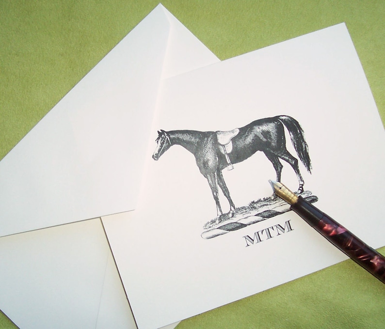 Equestrian Horse Personalized Note Cards, Horse Stationery Notecards, 10 Derby Monogrammed English Saddle Hunt Riding Stationery, HappyHound image 1