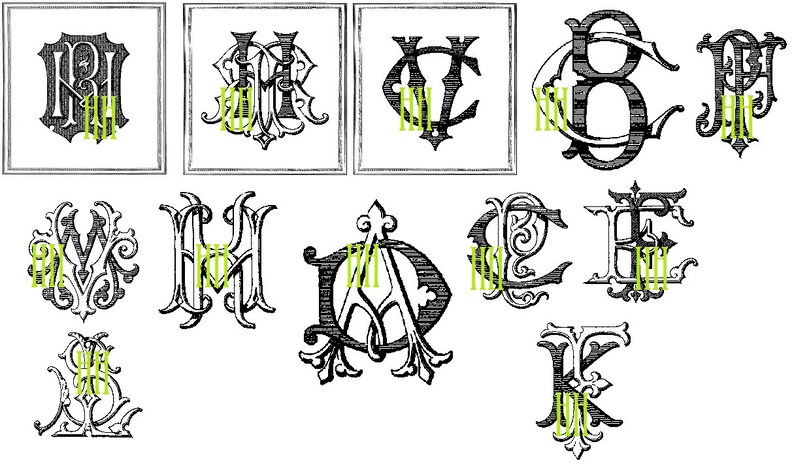 May include: A collection of 12 black and white vintage monogram designs featuring various letter combinations. The monograms are in a traditional style with intricate details and flourishes.
