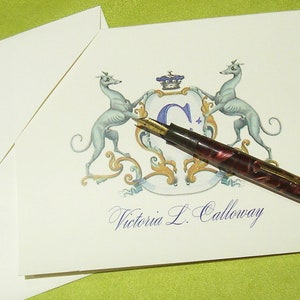 Greyhound, Whippet Italian Heraldic Family Crest Color Notecards Personalized Monogrammed Dog Note Cards Stationery Ivory Set 10