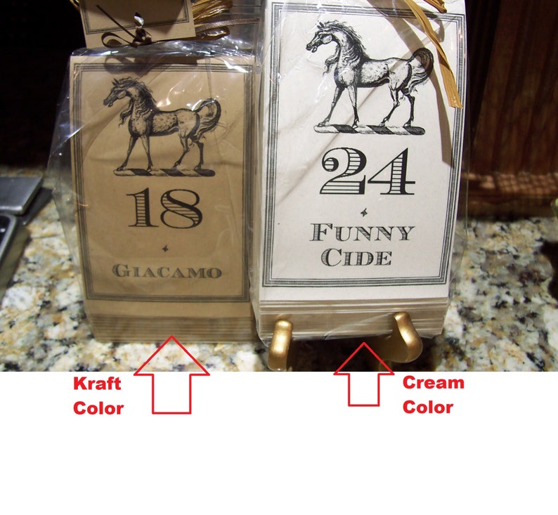 Equestrian Kentucky Derby Table Numbers, Winners Horse Race Cards , Large Kraft or Cream Set 24 Wedding Decor, Racing Rehearsal Dinner image 2