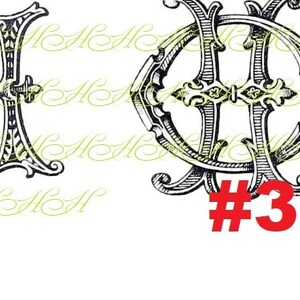 May include: Four black and white illustrations of different monogram designs. Each design features a unique combination of letters and intricate flourishes. The designs are numbered 1 through 4.