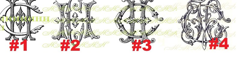 May include: Four black and white illustrations of different monogram designs. Each design features a unique combination of letters and intricate flourishes. The designs are numbered 1 through 4.