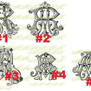 May include: Five black and white illustrations of ornate letter combinations. Each illustration is numbered 1 through 5.