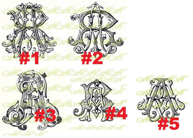 May include: Five black and white illustrations of ornate letter combinations. Each illustration is numbered 1 through 5.