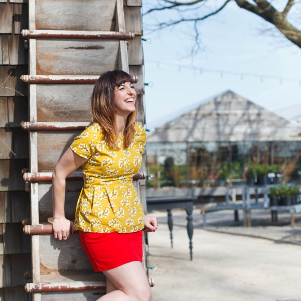 Mustard Yellow Peplum Top. Short sleeve Skirted Shirt Retro Style Mod Floral Pattern. Vintage Inspired Floral Blouse. Bright Spring Yellow