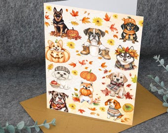 Autumn Dog Greeting Card, Cute Fall Puppy Card With Pumpkins And Leaves, Halloween Dog Lover Card, Watercolor Autumn Dog Card