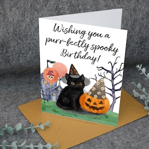 Halloween Birthday Card Black Cat Pumpkin Spooky Cute Greeting Card Purrfectly Spooky Cat Lovers Birthday Gift Personalised Message