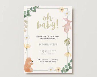 May include: A baby shower invitation with a floral border. The invitation says "oh baby!" and includes the name "Sophia West", the date "05|21|2025", and the time "10:00 AM".
