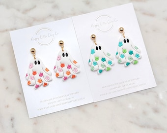 Hippie Daisy Flower Ghost Clay Dangle Earrings | Cute Halloween Earrings | Spooky Fall Halloween Earrings | Ghost Lover Gift | Handmade