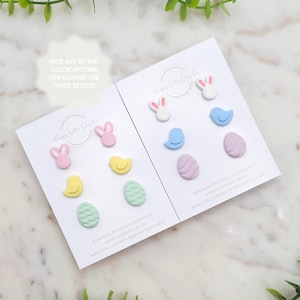 3-PACK | Pastel Easter Clay Stud Earrings | Cute Bunny Rabbit Chick Easter Egg Basic Stud Spring Earrings | Whimsical Easter Gift | Handmade