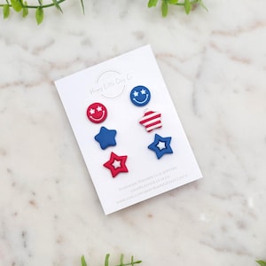 3-PACK | Cute 4th of July Stud Earrings | Red, White & Blue Earrings | Star Earrings | Patriotic America Jewelry | Handmade