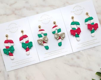 Candy Cane Bow Clay Dangle Earrings | Cute Christmas Earrings | Fun Holiday Earrings | Christmas Candy Earrings | Christmas Gift | Handmade