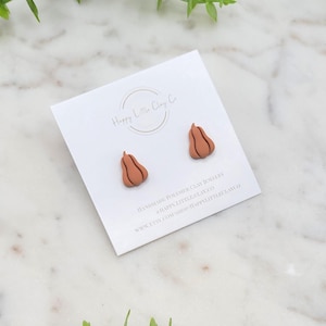 May include: A pair of brown polymer clay earrings shaped like gourds. The earrings are on a white card with the text "Happy Little Clay Co." and "Handmade Polymer Clay Jewelry" in brown text.