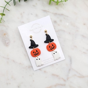 Heks Pompoen Ghost Trio Polymeerklei Hangoorbellen | Leuke kleioorbellen voor Halloween | Halloween Spooky Witch Ghost Clay-oorbellen | Handgemaakt