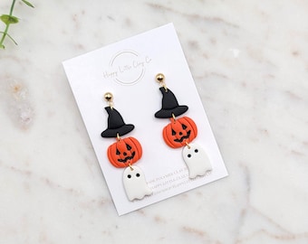 Witch Pumpkin Ghost Trio Polymer Clay Dangle Earrings | Cute Halloween Clay Earrings | Halloween Spooky Witch Ghost Clay Earrings | Handmade