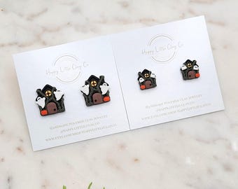 Spooky Haunted House Clay Stud Earrings | Cute Halloween Earrings | Ghost Earrings | Fun Fall Earrings | Halloween Lover Gift | Handmade