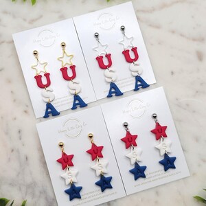 USA Star Trio Clay Dangle Earrings | Cute 4th of July Earrings | Red, White & Blue Earrings | Patriotic America Jewelry | Handmade