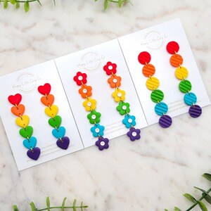Long Rainbow Heart Daisy Clay Earrings | Pride Statement Earrings | LGBTQ+ Earrings | Pride Month Jewelry | Gay Pride Gift | Handmade