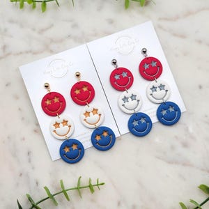 Star Smiley Trio Clay Dangle Earrings | Cute 4th of July Earrings | Red, White & Blue Earrings | Patriotic America Jewelry | Handmade