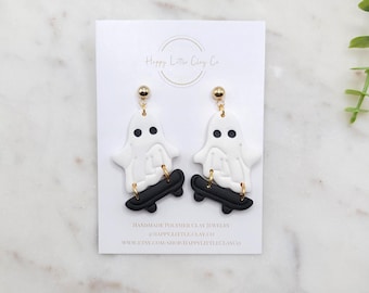 Skateboarding Ghost Polymer Clay Dangle Earrings | Cute Halloween Clay Earrings | Halloween Fall Autumn Ghost Clay Earrings | Handmade