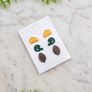 3-PACK | Cheesehead Green Bay Packers Football Polymer Clay Stud Earrings | Unique Fun Packers Football Fan Gift Earrings | Handmade