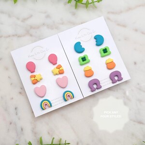4-PACK | Lucky Charms Marshmallow Clay Stud Earrings | Cute St. Patrick&#39;s Day Earrings | Fun Lucky Clover St Patty&#39;s Food Jewelry | Handmade