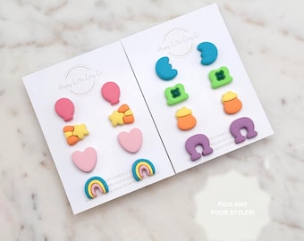 4-PACK | Lucky Charms Marshmallow Clay Stud Earrings | Cute St. Patrick's Day Earrings | Fun Lucky Clover St Patty's Food Jewelry | Handmade