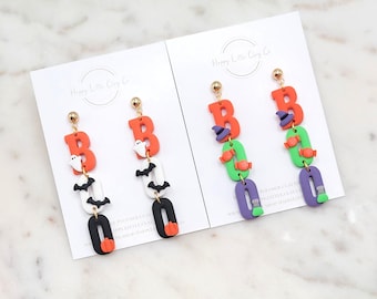 Brincos pendurados de argila BOO Trio | Brincos fofos de Halloween | Brincos de argila assustadores de outono | Brincos de fantasma divertidos | Presente para amantes do Halloween | Feito à mão