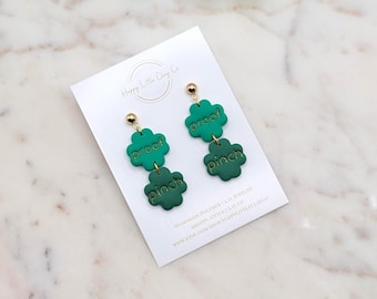 Pinch Proof Clover Clay Dangle Earrings | Cute St. Patrick's Day Earrings | Fun Green Gold Glitter Shamrock St Pattys Day Jewelry | Handmade