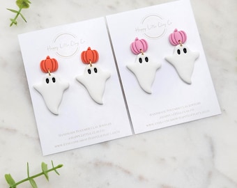 Pumpkin Ghost Polymer Clay Dangle Earrings | Cute Halloween Clay Earrings | Halloween Fall Pumpkin Ghost Clay Earrings | Handmade