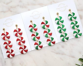 Peppermint Candy Trio Clay Dangle Earrings | Cute Christmas Earrings | Fun Holiday Earrings | Candy Earrings | Christmas Gift | Handmade