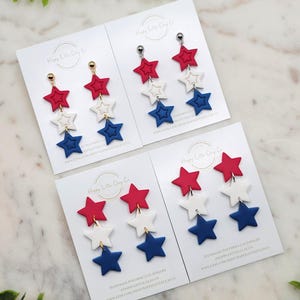 Star Trio Clay Dangle Earrings | Cute 4th of July Earrings | Red, White & Blue Earrings | Patriotic America Jewelry | Handmade