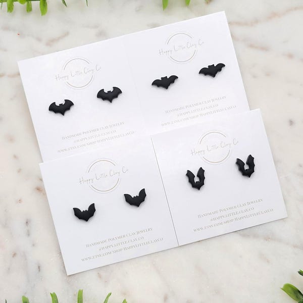 Mini Flying Bats Clay Stud Earrings | Cute Halloween Earrings |  Spooky Fall Clay Earring | Black Bat Lover Gift | Handmade