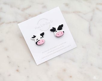 Orecchini a bottone in argilla di mucca / Orecchini a forma di animale carino / Orecchini primaverili / Orecchini a forma di animale da fattoria / Regalo per gli amanti degli animali / Gioielli stravaganti / Fatti a mano