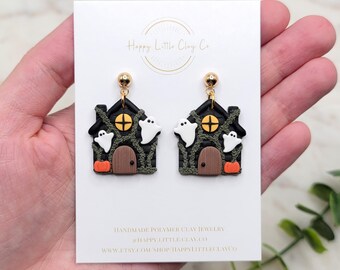 Spooky Haunted House Clay Dangle Earrings | Cute Halloween Earrings | Ghost Earrings | Fun Fall Earrings | Halloween Lover Gift | Handmade