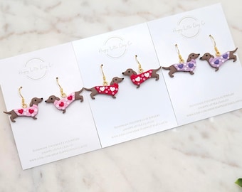 Heart Sweater Weiner Dog Clay Dangle Earrings | Cute Valentine's Day Earrings | Dachshund Earrings | Unique Dog Lover Gift | Handmade