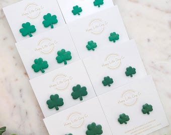 Shamrock Clay Stud Earring | Cute St. Patrick's Day Earring | Fun Green Gold Glitter Lucky Clover St Pattys Day Jewelry | Handmade | 2 SIZES