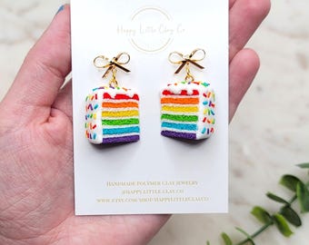 Sprinkle Rainbow Cake Clay Dangle Earrings | Fun Novelty Miniature Snack Food Jewelry | Pride Statement Earrings | Handmade