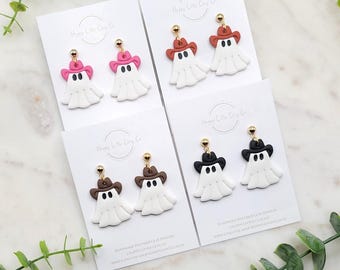 Cowboy Ghost Polymer Clay Dangle Earrings | Cute Halloween Clay Earrings | Halloween Fall Autumn Ghost Clay Earrings | Handmade