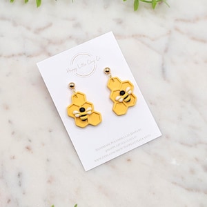 Bee on Honeycomb Clay Dangle Earrings | Cute Spring Animal Earrings | Animal Insect Bug Lover Earrings | Beekeeper Gift | Handmade