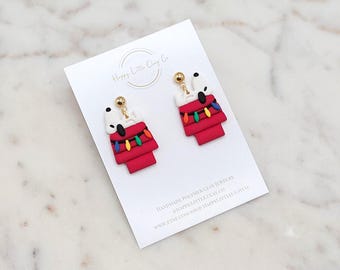 Christmas White Dog on Doghouse Polymer Clay Dangle Earrings | Cute Christmas Statement Earrings | Festive Party Clay Earrings | Handmade