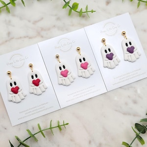 Heart Ghost Polymer Clay Dangle Earrings | Cute Valentine&#39;s Day Earrings | Fun Love Themed Jewelry | Galentine&#39;s Gift for Her | Handmade