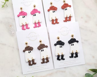 Cowboy Ghost w/ Boots Polymer Clay Dangle Earrings | Cute Halloween Clay Earrings | Halloween Fall Autumn Ghost Clay Earrings | Handmade