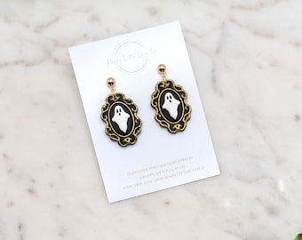 Vintage Ghost Frame Clay Dangle Earrings | Cute Halloween Earrings | Spooky Fall Autumn Earrings | Ghost Lover Gift | Handmade