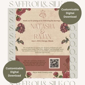 以下が含まれることがあります： カスタマイズ可能なデジタルダウンロードの結婚式の招待状。NATASHA & RAJANの名前、結婚式の日付と場所が記載されています。QRコードと「Flip for Hindu Ceremony Guide」のテキストが含まれています。