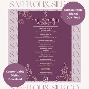 May include: A customizable digital download wedding weekend itinerary. The design features a deep purple background with floral accents and the text "Our Wedding Weekend." The schedule includes event times and locations.