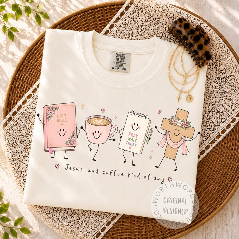 Jesus and Coffee Kind of Day PNG, Faith Based Christian Shirt Sublimation Design, Cute Doodle Characters, Religious Png, Love Like Jesus Png image 4