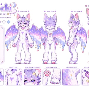 May include: A character reference sheet for a Mochi Dream Bat featuring front, back, and side views of a fluffy, light purple creature with cloud-patterned wings, star hair accessories, heart-shaped paw pads, and a heart charm collar.